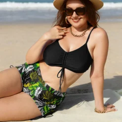 Plus Size Women Bikini Tropical Print Pleated Swimwear Two Pieces -Plus Size Dresses Shop 257a454ddca7baaf