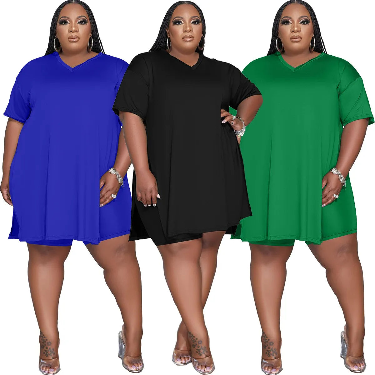 Fashion Women's V-Neck Solid Color Casual Two Piece Shorts Set Plus Size 7 Fashion Women's V-Neck Solid Color Casual Two Piece Shorts Set Plus Size - Image 5