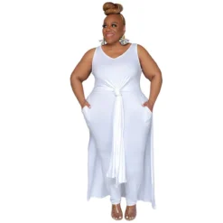 Plus Size Women Casual V Neck Slit Pocket Sleeveless Top And Solid Skirt Two-Piece Set -Plus Size Dresses Shop 263ce3aced1516fa