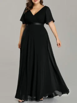 Plus Size Women V Neck Short Sleeve Solid Long Dress