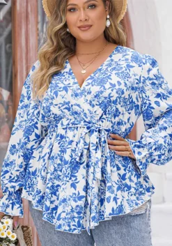 Spring Ruffled Tops Blue V-Neck Printed Long-Sleeved Shirts For Women -Plus Size Dresses Shop 26aca768110882a9