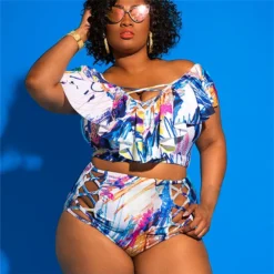 Plus Size Women Off Shoulder Print Two Pieces Swimwear -Plus Size Dresses Shop 27a5457ea4cd4a82
