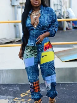 Women's Fall/Winter Positioning Print Contrast Color Long Sleeve Plus Size Jumpsuit -Plus Size Dresses Shop 27a639d032747bfb