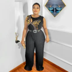 Ladies Round Neck Sleeveless Beaded Casual Loose Pleated Jumpsuit With Belt -Plus Size Dresses Shop 27bc227d14b67a7c