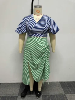 Sexy Irregular Stripe Contrast COLor Drawstring Lace-Up Slit Plus Size Two Piece Skirt Set Nightclub Dress