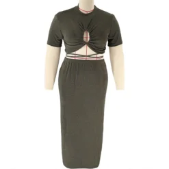 Summer Solid Sexy Drawstring Cutout Round Neck Short Sleeve Fashion Casual Slit Skirt Set Plus Size Women Clothes -Plus Size Dresses Shop 2942c9edab5f883b