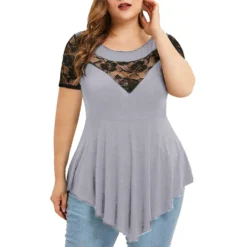 Womens Plus Size Floral Lace Short Sleeve Irregular See-Through Round Neck Women's Top -Plus Size Dresses Shop 2a0d289876cd990b