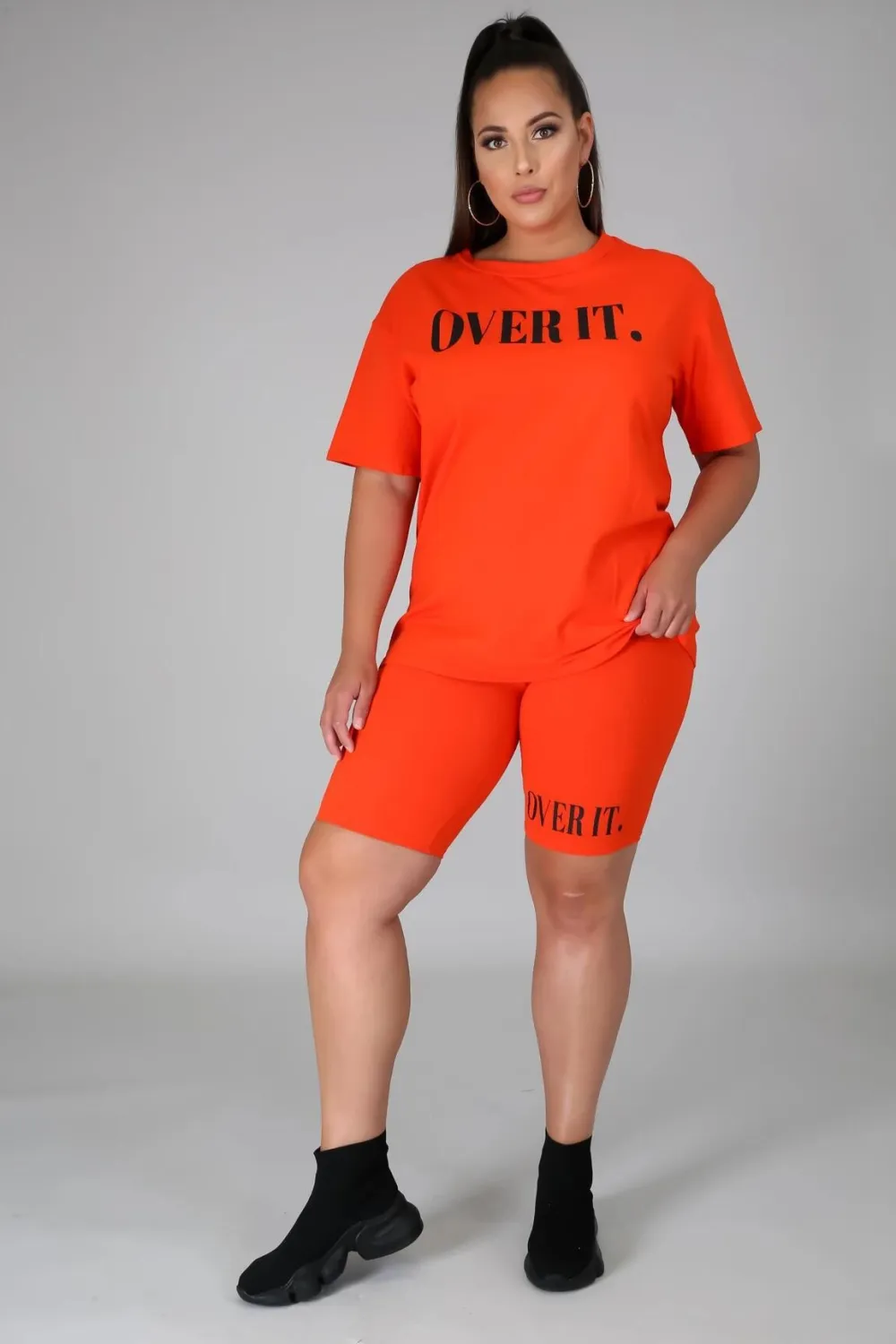 Women's Fashion Letter Ruber Print Solid Round Neck Short Sleeve Shorts Casual Women's Tracksuit 4 Women's Fashion Letter Ruber Print Solid Round Neck Short Sleeve Shorts Casual Women's Tracksuit - Image 2