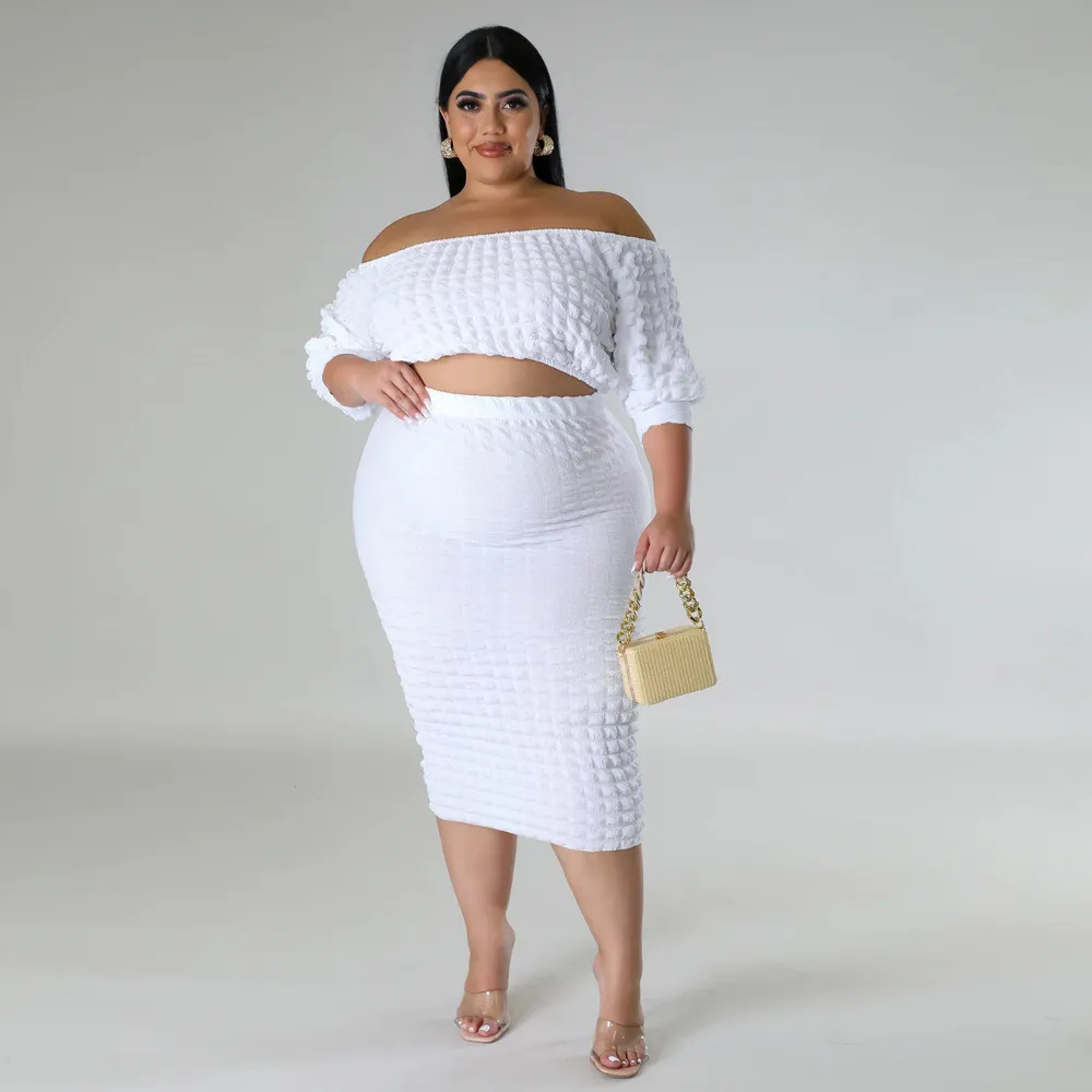 Plus Size Women's Fall Set Off Shoulder Solid Bubble Two Piece Skirt Set 4 Plus Size Women's Fall Set Off Shoulder Solid Bubble Two Piece Skirt Set - Image 2