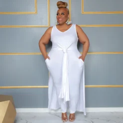 Plus Size Women Casual V Neck Slit Pocket Sleeveless Top And Solid Skirt Two-Piece Set -Plus Size Dresses Shop 2bf70d69c90ef632