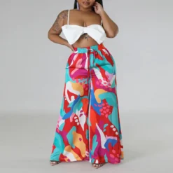 Plus Size Women Casual Tie Print Pocket Wide Leg Pants -Plus Size Dresses Shop 2c75fdc7da1ea1f4