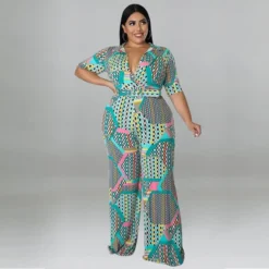 Plus Size Women Clothes Short Sleeve Deep V Neck Print Fashion Casual Multi Color Jumpsuit -Plus Size Dresses Shop 2cc1dd8d49cbc94b