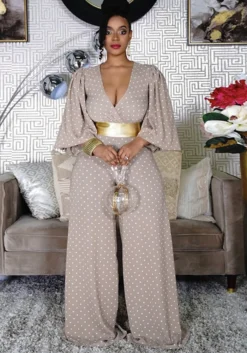 Summer V-Neck Women'S Puff Sleeve Loose Print Slim Waist Plus Size Wide-Leg Jumpsuit -Plus Size Dresses Shop 2cea007c1d522368