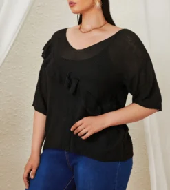 Plus Size Women Quarter Sleeve Top Ruffled Loose Sweater
