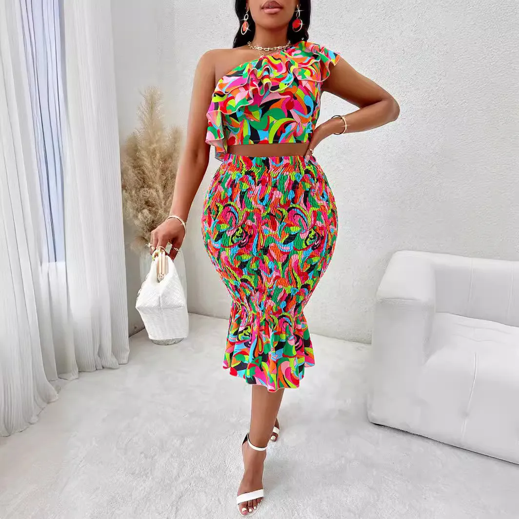 Summer Casual Sexy Women's Print Plus Size Slash Shoulder Ruffled Two Piece Skirt Set 9 Summer Casual Sexy Women's Print Plus Size Slash Shoulder Ruffled Two Piece Skirt Set - Image 7