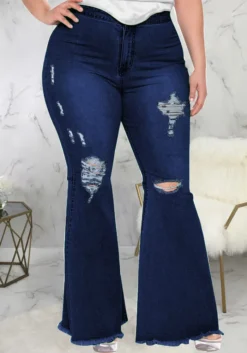 Trendy Slim Wide Leg Ripped Plus Size Bell Bottom Denim Pants