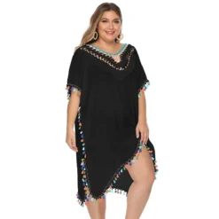 Plus Size Women's Irregular Hook Patchwork Multi-Color Tassel Deep V Sexy Loose Plus Size Beach Cover Up -Plus Size Dresses Shop 2e69e862a05f2c05