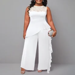 Plus Size Women Solid Career Lace Loose Jumpsuit -Plus Size Dresses Shop 2e934e41fc3a87e1