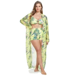 Plus Size Women Bikini Print Beach Sun Protection Top Top Swimwear Three-Piece
