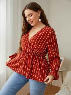 Women Loose Striped Patchwork Turndown Collar Shirt