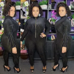 Plus Size Women'S Mesh Flocked Stripe Tight Fitting Zip Long Sleeve Jumpsuit -Plus Size Dresses Shop 3149781fd8c00194