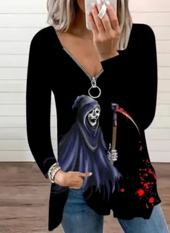 Autumn And Spring Women's Casual Fashion V-neck Zipper Print Long-sleeved Top