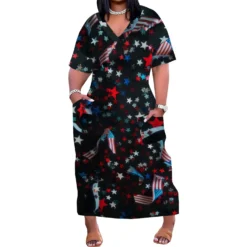 Women's Printed V-Neck Short-Sleeved Loose Pocket Dress -Plus Size Dresses Shop 31f7758957648e3d