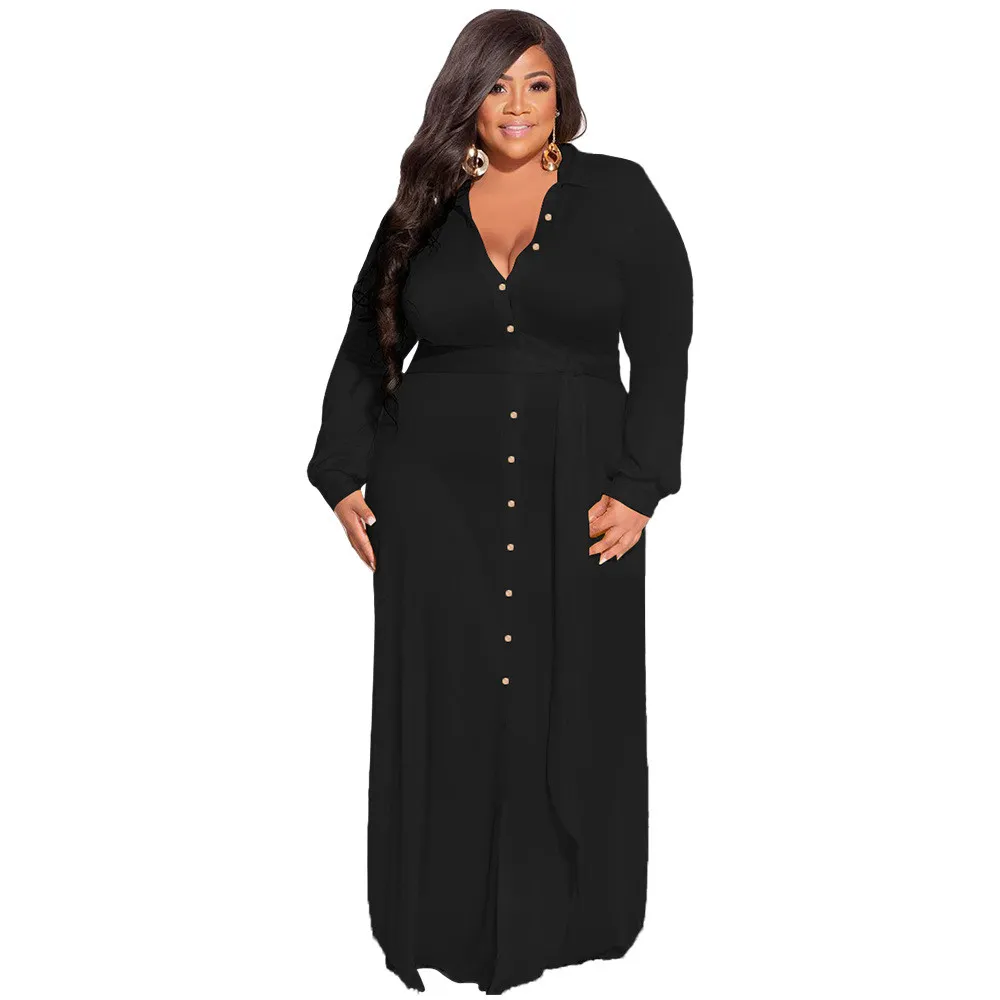 Plus Size Women Solid Tie Long Sleeve Shirt Dress 10 Plus Size Women Solid Tie Long Sleeve Shirt Dress - Image 8