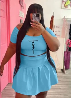 Fashion Casual Sport Print Short Sleeve Two-Piece Plus Size Women'S Skirt Set -Plus Size Dresses Shop 32ce87fdab7e7680