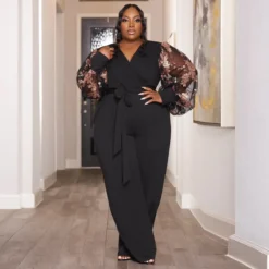 Plus Size Women Summer Mesh Puff Sleeve Wide Leg Jumpsuit -Plus Size Dresses Shop 3344e16831674b95