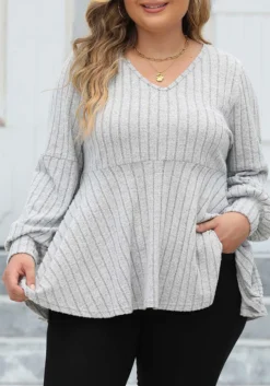 Women's Plus Size Tops Spring And Autumn V-Neck Ribbed Lantern Sleeve T-Shirt Basic Shirt -Plus Size Dresses Shop 33b80aaa033e42fc