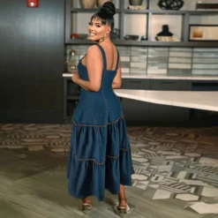 Plus Size Women's Sleeveless Strap Long Denim Dress -Plus Size Dresses Shop 347b464ece3e36f4