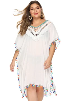 Plus Size Women's Irregular Hook Patchwork Multi-Color Tassel Deep V Sexy Loose Plus Size Beach Cover Up -Plus Size Dresses Shop 362466cdb563b892