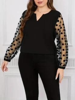 Plus Size Women Solidmesh Patchwork Long Sleeve Plus Size Shirt -Plus Size Dresses Shop 367b9daf88dc2bf1