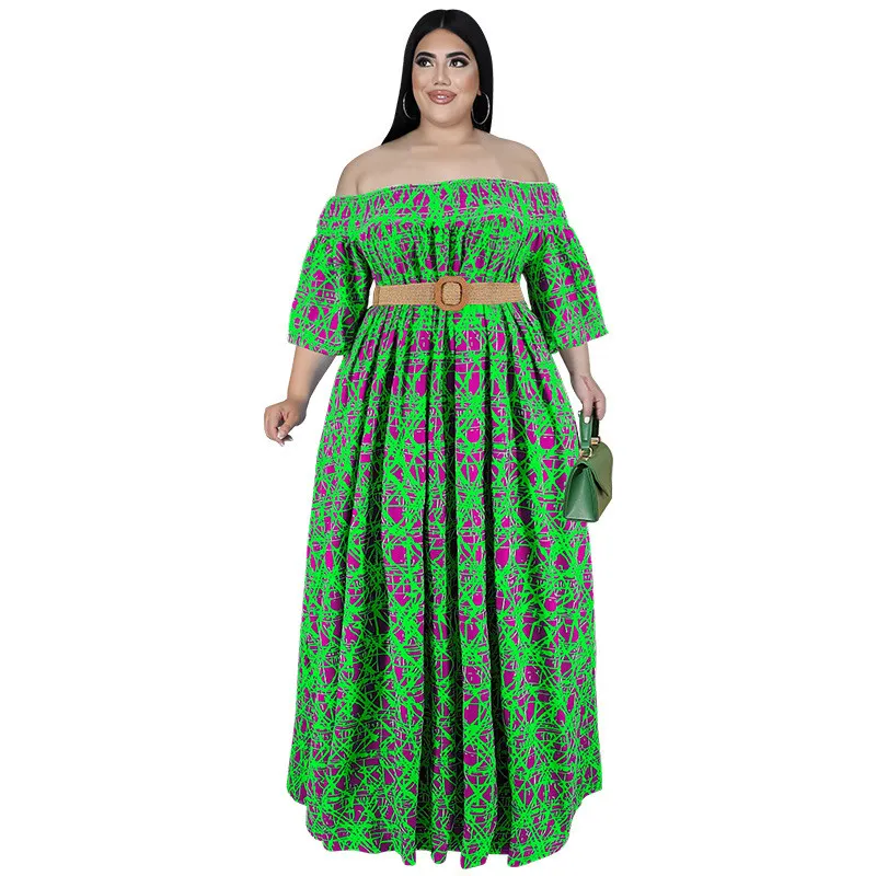 Plus Size Women Fall Off Shoulder Long Sleeve Dress With Belt 3 Plus Size Women Fall Off Shoulder Long Sleeve Dress With Belt