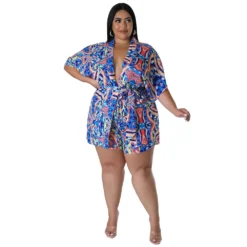 Summer Plus Size Loose Print Blouse Lace-Up Shorts Multi-Color Two-Piece Set -Plus Size Dresses Shop 3749848d5e61c315