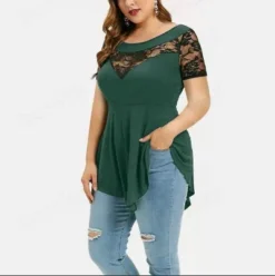 Womens Plus Size Floral Lace Short Sleeve Irregular See-Through Round Neck Women's Top -Plus Size Dresses Shop 37b0dfd6b76df1aa