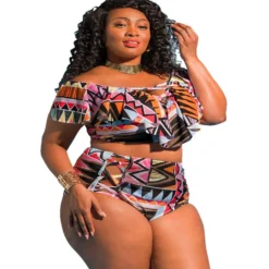 Two Pieces Women Plus Size Bikini Swimsuit Ruffled Printed High Waist Off Shoulder Swimwear -Plus Size Dresses Shop 37ed2b4502e63780