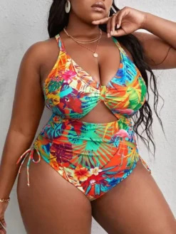 Plus Size Multicolor Print Hollow Crossover Lace-Up One-piece Swimsuit -Plus Size Dresses Shop 382574558c46a577