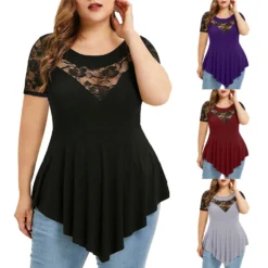 Womens Plus Size Floral Lace Short Sleeve Irregular See-Through Round Neck Women's Top -Plus Size Dresses Shop 382d0c829c3dced6