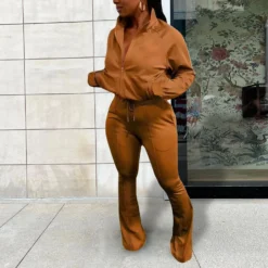 Women Solid Sports Casual Zipper Top And Bell Bottom Two-piece Pants Set -Plus Size Dresses Shop 386fad2ce1e45444