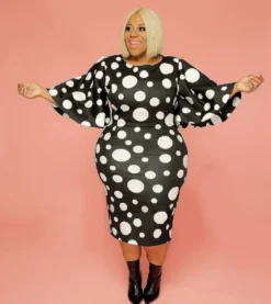 Spring Summer Wide Sleeve Polka Dot Print Plus Size Bodycon Dress Women Clothes