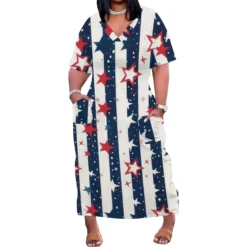 Women's Printed V-Neck Short-Sleeved Loose Pocket Dress -Plus Size Dresses Shop 3bd373c8e72af34d