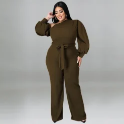 Plus Size Women Solid Balloon Sleeve Slash Shoulder Belted Jumpsuit -Plus Size Dresses Shop 3c38bb39bebbfaf4
