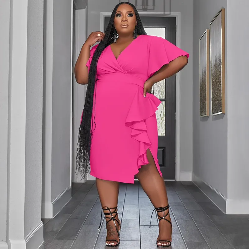 Chic Women's Solid Color V-neck Ruffle Slim Sexy Plus Size Dress 6 Chic Women's Solid Color V-neck Ruffle Slim Sexy Plus Size Dress - Image 4