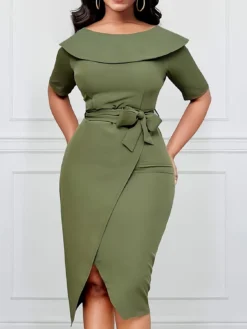 Plus Size Women Slit Turndown Collar Solid Dress -Plus Size Dresses Shop 3d463e0b910b0c2a