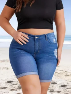 Summer Ripped Denim Shorts Stretch Plus Size Knee-Length Shorts -Plus Size Dresses Shop 3d5a313dbd601749