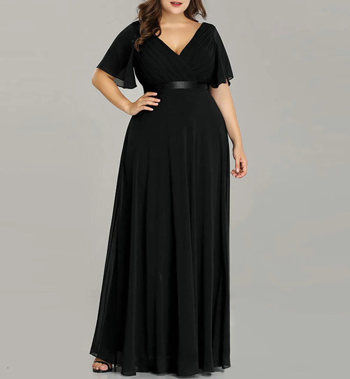 Plus Size Women V Neck Short Sleeve Solid Long Dress 7 Plus Size Women V Neck Short Sleeve Solid Long Dress - Image 5