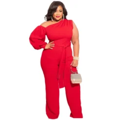 Fall Plus Size Women'S Slash Shoulder Single Sleeve Wide Leg Jumpsuit With Belt -Plus Size Dresses Shop 3de5aaa6d61ed614