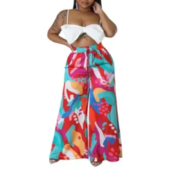 Plus Size Women Casual Tie Print Pocket Wide Leg Pants -Plus Size Dresses Shop 3e14277cb439b2de